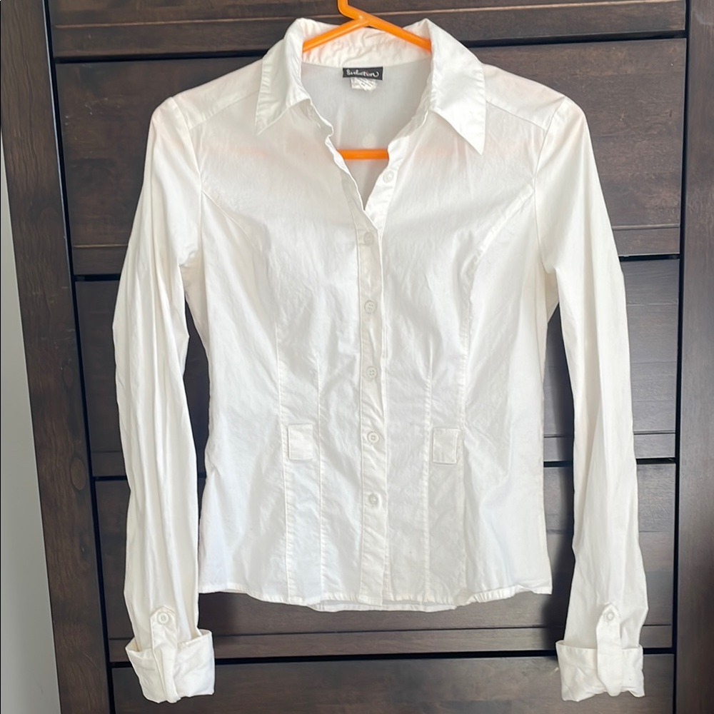 Seductions White Cotton Stretch Fitted Long Sleeve Button Down Shirt Large M